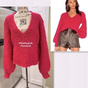 C/MEO Collective Coco Boucle Wool Blend V-neck Balloon Sleeve Pullover Sweater L